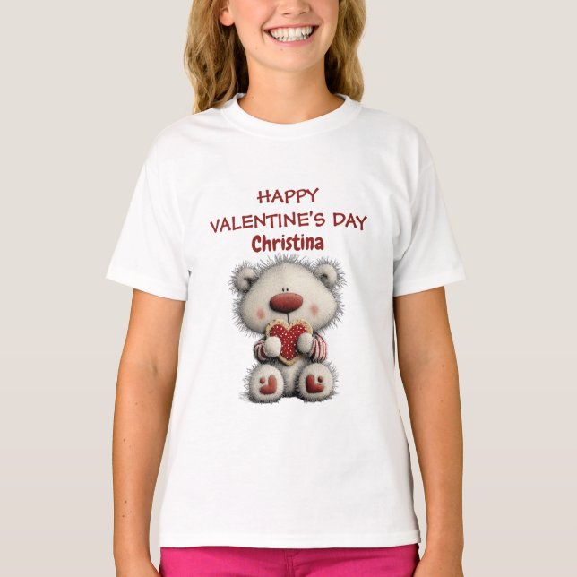 Cute Bear Red Happy Valentines Day Custom Name  T Shirt (Framsida)