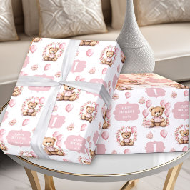 Cute Bear Rosa 1:a födelsedag Namn Wrapping Papper Presentpapper