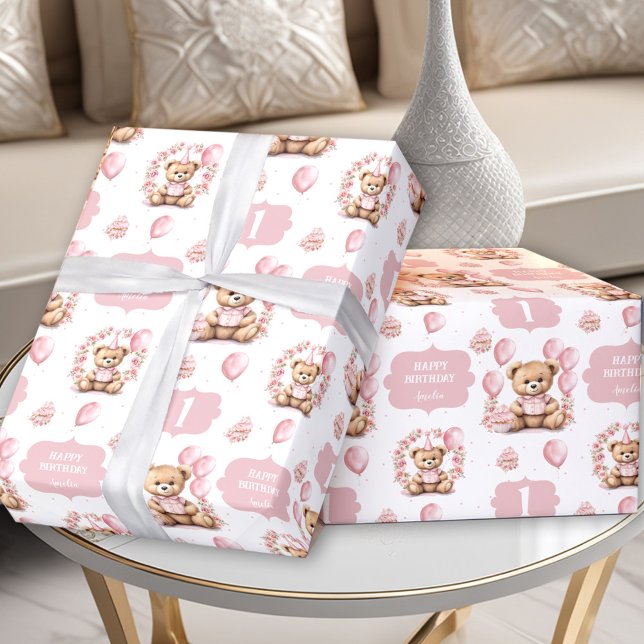 Cute Bear Rosa 1:a födelsedag Namn Wrapping Papper Presentpapper (Cute Bear Pink 1st Birthday Name Wrapping Paper)