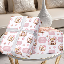 Cute Bear Rosa 1:a födelsedag Namn Wrapping Papper Presentpapper