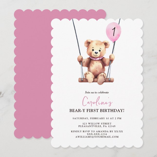 Cute Bear Rosa Balloon Girl First Birthday Inbjudningar (Fram/baksida)