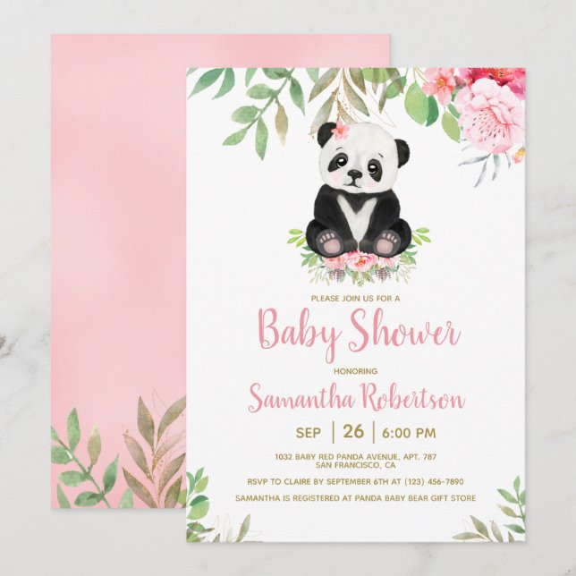 Cute Bear  Rosa Blommigt Girl Baby Shower Inbjudningar (Fram/baksida)