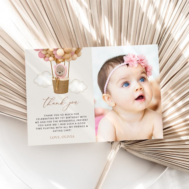 Cute Bear, Rosa Buboner, första födelsedagen Tack Kort (Skapare uppladdad)