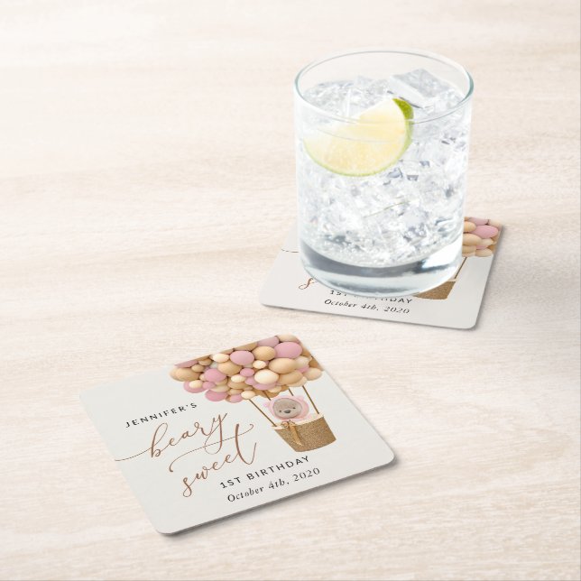 Cute Bear, Rosa Buboner, första födelsedagen Underlägg Papper Kvadrat (Insitu)