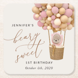 Cute Bear, Rosa Buboner, första födelsedagen Underlägg Papper Kvadrat