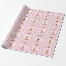 Cute Bear Rosa Gingham Personlig Girls Birthday Presentpapper