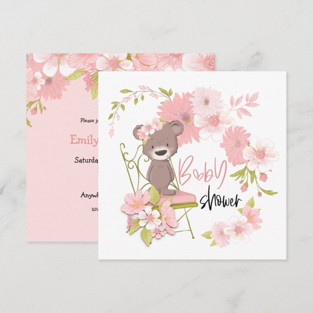 Cute Bear Rosa White Blommigts Girl Baby Shower Inbjudningar (Fram/baksida)