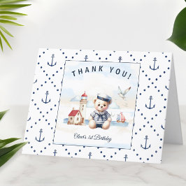 Cute Bear Saior Nautical Blue 1st Birthday Boy Tack Kort