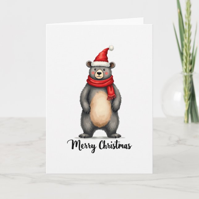 Cute Bear Santa Hat Scarf Merry Christmas Card Art Kort (Framsida)