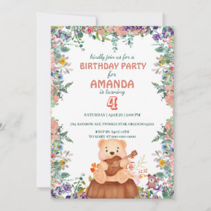 Cute Bear spelar gitarr flora Födelsedagsfester ba Inbjudningar