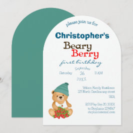 Cute Bear Strawbär Beary Berry Första födelsedag Inbjudningar
