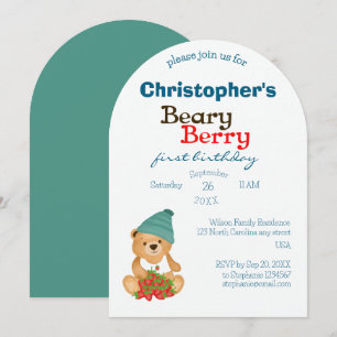 Cute Bear Strawbär Beary Berry Första födelsedag Inbjudningar