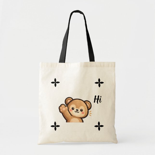 Cute Bear Tote Bag – “Hi” Minimal Kawaii Design Tygkasse (Framsidan)