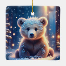 Cute Bear Unge i Snö täckte skog Julgransprydnad Keramik