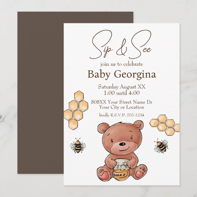 Cute Bear Unge och Honungsbin Baby Sip och se Inbjudningar (Fram/baksida)