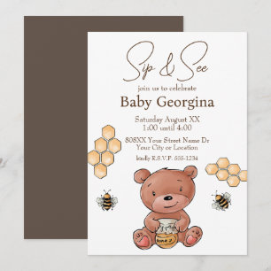 Cute Bear Unge och Honungsbin Baby Sip och se Inbjudningar