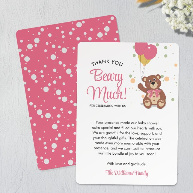Cute Bear Unge och Rosa Balloons Girl Baby Shower Tack Kort (Skapare uppladdad)