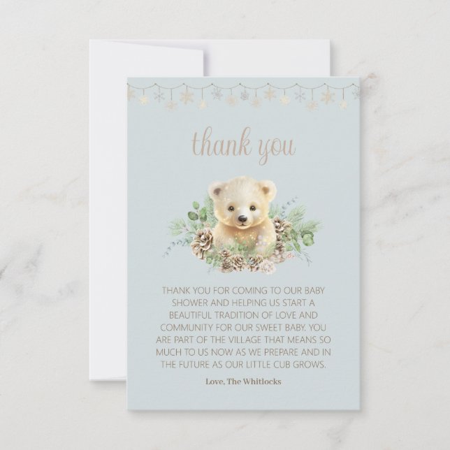Cute Bear Unge Winter Greenery Blue Boy Shower Tack Kort (Framsida)