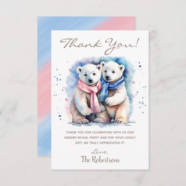 Cute Bear Winter Animal Gender Reveal Party Tack Kort (Fram/baksida)