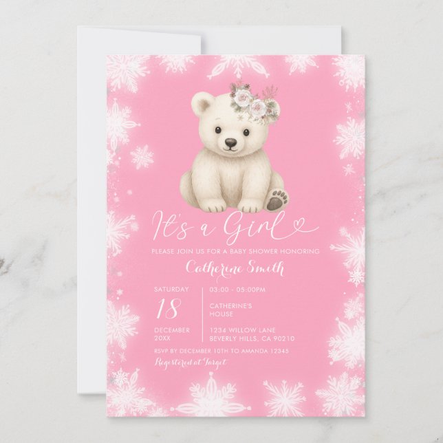 Cute Bear Winter White Snowflakes Girl Baby Shower Inbjudningar (Framsida)