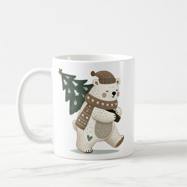 Cute Bear with Christmas Tree Drawing  Kaffemugg (Vänster)