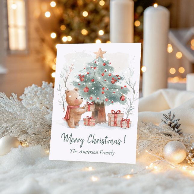 Cute Bear with Christmas Tree Watercolor Family    Julkort (Skapare uppladdad)