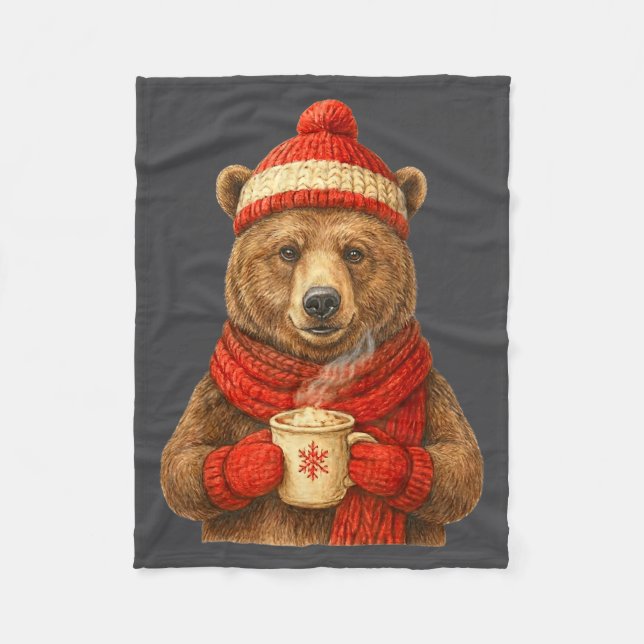 Cute Bear With Santa Hat Coffee Lover Funny Winter Fleecefilt (Framsidan)
