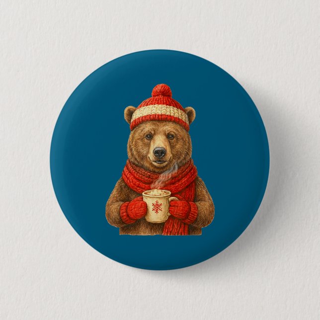 Cute Bear With Santa Hat Coffee Lover Funny Winter Knapp (Framsida)