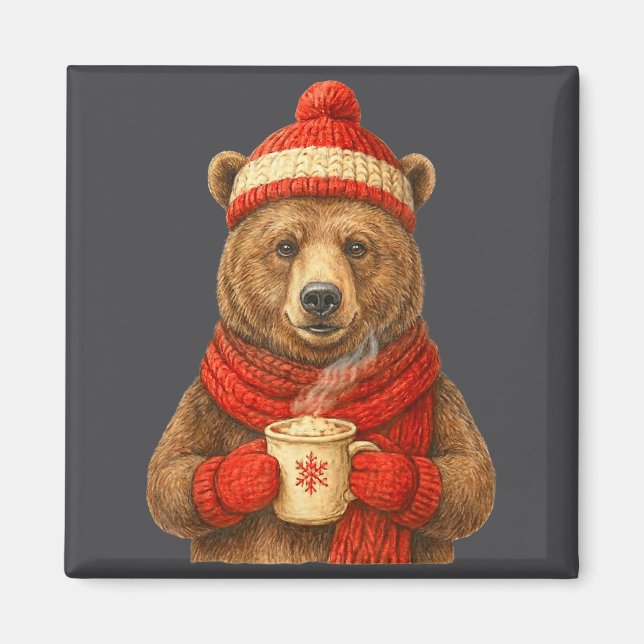 Cute Bear With Santa Hat Coffee Lover Funny Winter Magnet (Framsidan)