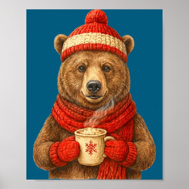 Cute Bear With Santa Hat Coffee Lover Funny Winter Poster (Framsidan)