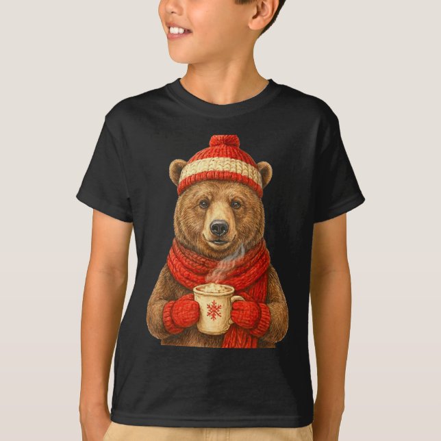 Cute Bear With Santa Hat Coffee Lover Funny Winter T Shirt (Framsida)