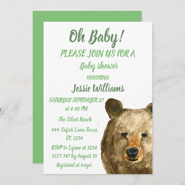 Cute Bear Woodland animals Grönt Pojke dusch Inbjudningar (Fram/baksida)