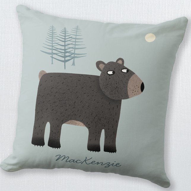 Cute Bear Woodland Namn Kudde (Personalized name bear with moon and trees throw pillow)