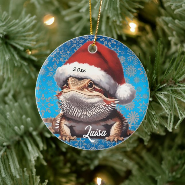 Cute Bearded Dragon och Santa Hat Julgransprydnad Keramik (Träd)