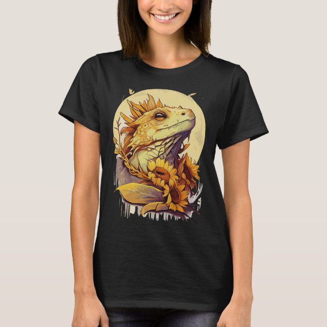 Cute Bearded Dragon Sunflower Reptile Lizard T Shirt (Framsida)