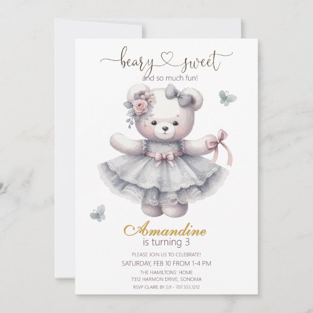 Cute bearly sweet  girl birthday  Invitation Inbjudningar (Framsida)