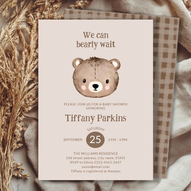 Cute Bearly wait babydusch minimalistic Neutralt Inbjudningar (Minimalistic Bear Baby Shower Invitation | Neutral Boho Baby Shower Template)