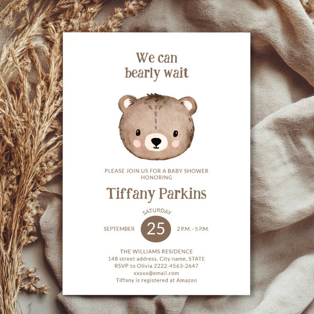Cute Bearly wait babydusch minimalistic Neutralt Inbjudningar (Minimalistic Bear Baby Shower Invitation | Neutral Boho Baby Shower Template)