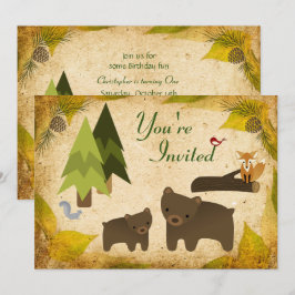 Cute Bears and Woodland Animals 1:a födelsedagen Inbjudningar
