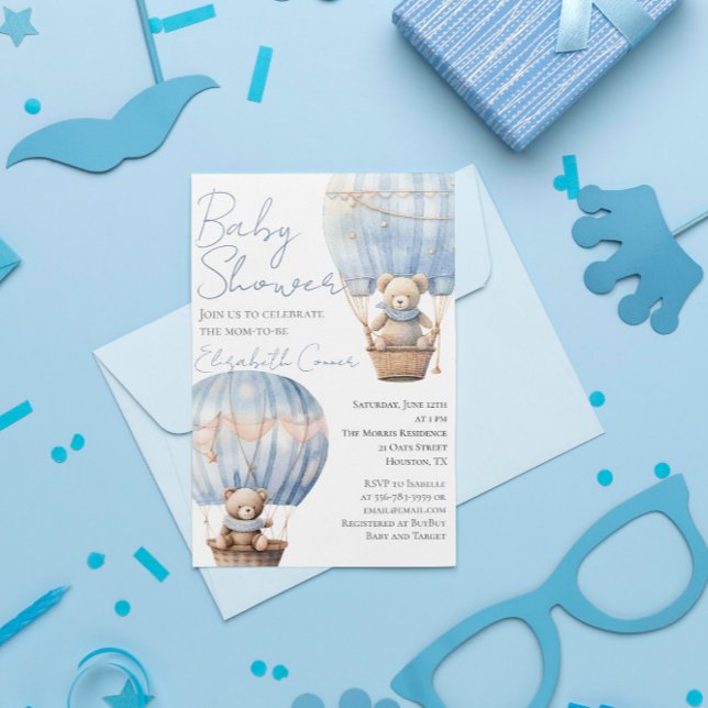 Cute Bears i Balloon Pojke Shower-inbjudan Inbjudningar (Cute Bears in Balloon Baby Boy Shower Invitation)