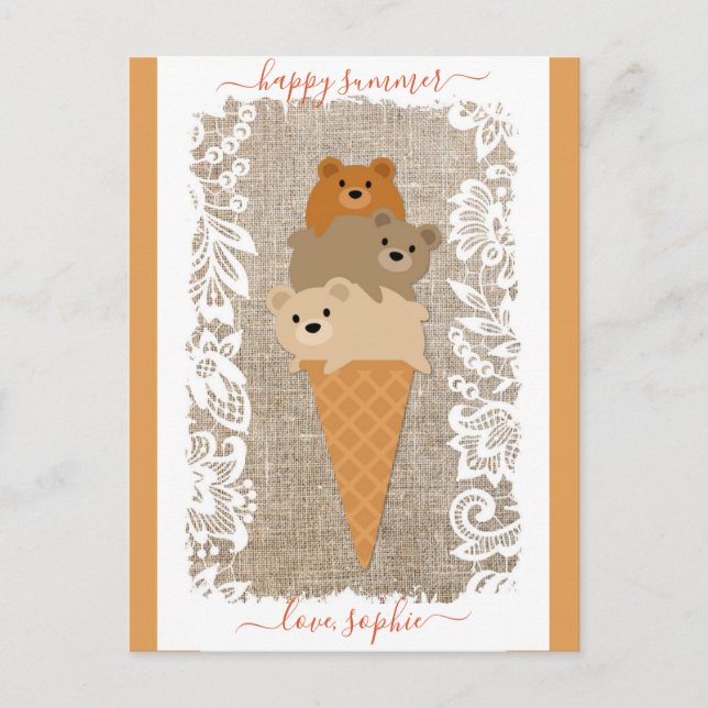 Cute Bears Ice Cream Cone Lycklig, sommar Vykort (Framsida)