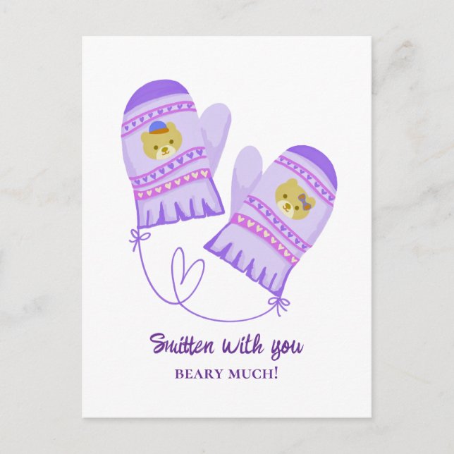 Cute Bears In Love Purple Mittens Valentine's Day  Vykort (Framsida)