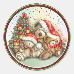 Cute Bears med Santa Hat och Julgran Runt Klistermärke