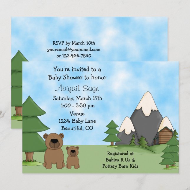Cute Bears, Mounts och Cabin Baby Shower Inbjudningar (Fram/baksida)