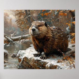 Cute Beaver under vinter-Oljemålningen Poster