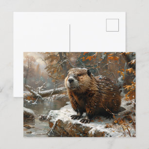 Cute Beaver under vinter-Oljemålningen Vykort