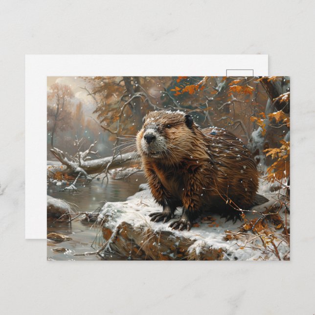 Cute Beaver under vinter-Oljemålningen Vykort (Fram/baksida)