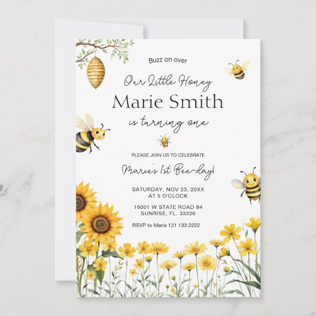 Cute Bee Birthday Vår lilla honung, första bidagen Inbjudningar (Framsida)