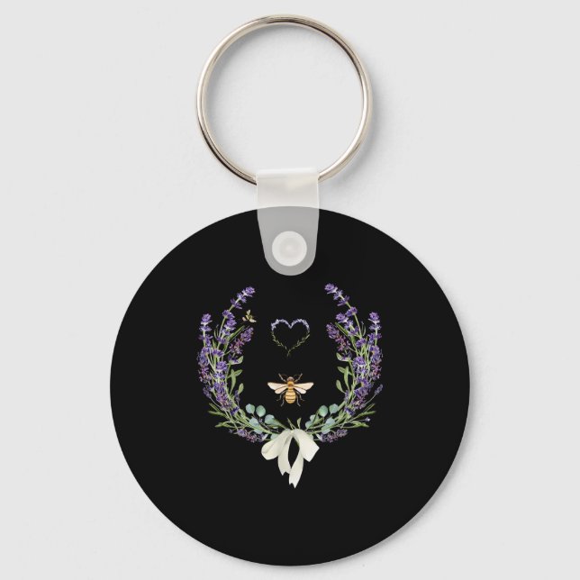 Cute Bee Bow Lavender Flower Heart Botanical Natur Nyckelring (Framsida)