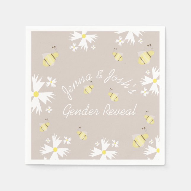 Cute Bee Daisy Blommigt Gender Reveal Earthy Tones Pappersservett (Framsidan)
